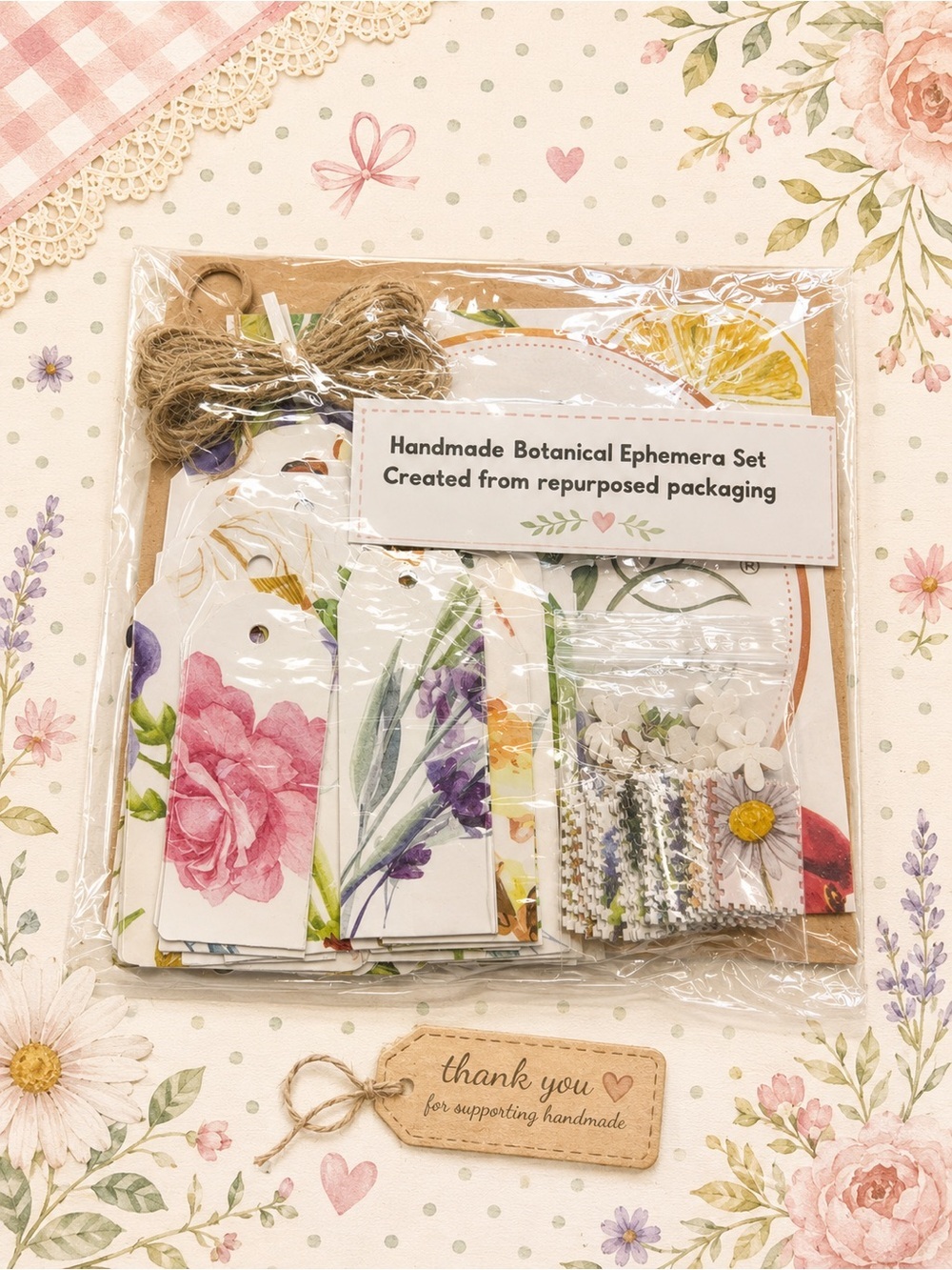 Handmade Botanical Ephemera Lot Floral Gift Tags Faux Stamps Junk Journal Crafts